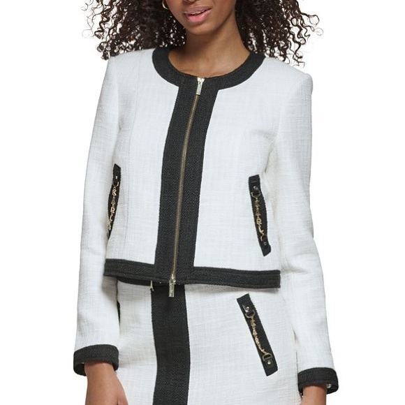 Karl Lagerfeld Paris White Black Colorblocked Tweed Chain Cropped Zip Up Blazer - Picture 2 of 11
